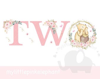 Peut inclure: Un design floral rose avec le mot "DEUX" en lettres roses. Un personnage de Winnie l'ourson tient un pot de miel avec le mot "HUNNY" dessus. Le design est entouré d'un cercle doré avec plus de fleurs roses.