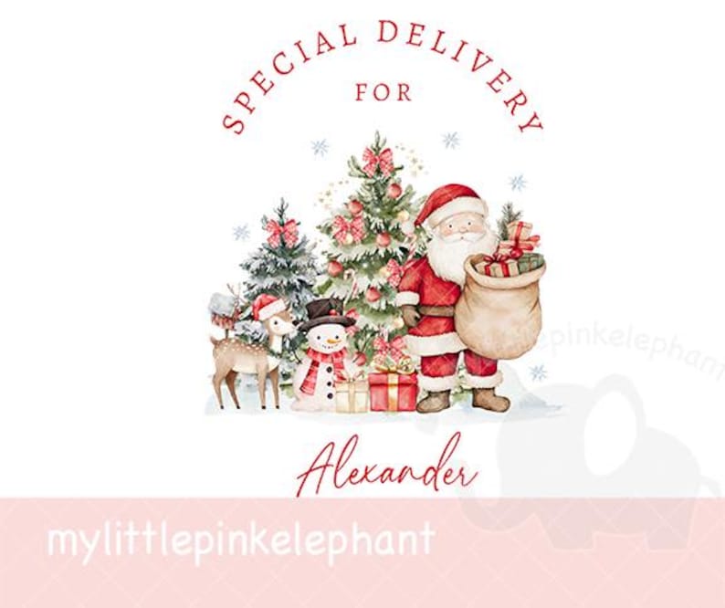 May include: A watercolor illustration featuring Santa Claus with a sack of gifts, a snowman, a reindeer, and Christmas trees. The text reads "Special Delivery For Alexander."