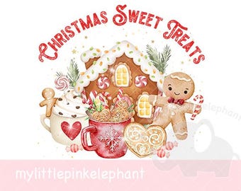 キャンディケインレーンクリスマスベーカリーPNG、クリスマス昇華デザイン、クリスマススイーツ、ジンジャーブレッド、ホットココア、インスタントデジタルダウンロード