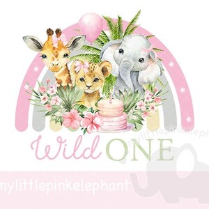 Girls Wild One Baby Safari Animals In Flower Happy birthday PNG, First Birthday Sublimation Design, Girl Birthday Party, Instant Download