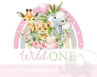 Girls Wild One Baby Safari Animals In Flower Happy birthday PNG, First Birthday Sublimation Design, Girl Birthday Party, Instant Download