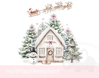 Jultomtens renarsläde och julhus PNG, julclipart, julsäckdesign, sublimering av julaftonslåda, omedelbar digital nedladdning
