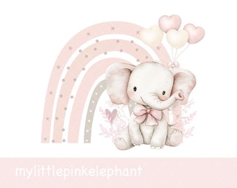 Watercolor Elephant Pink Balloons & Rainbow PNG, Elephant Baby Shower, Birthday Elephant Balloons, Baby Girl,Instant Download