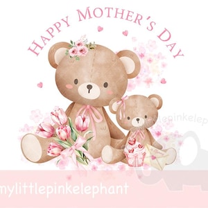 Ours en peluche lapin notre première fête des mères, maman et bébé ours rose Sublimation Design, PNG, conception de carte de fête des mères, maman ours, téléchargement immédiat