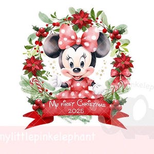 La mia prima ghirlanda natalizia di Minnie Mouse 2025 in formato PNG, clipart natalizie, design del sacco di Babbo Natale, stampa a sublimazione del pigiama natalizio, download digitale istantaneo