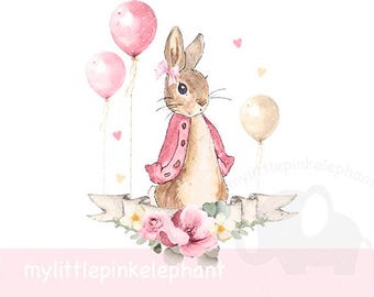 Peter Rabbit, anniversaire, rose, téléchargement png, fond transparent, 1er anniversaire, premier souvenir, conception par sublimation, téléchargement numérique,