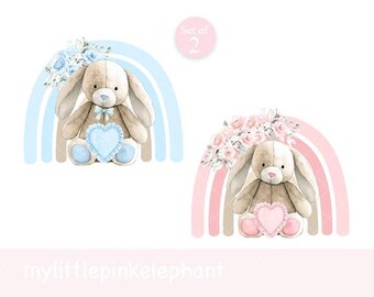 Set of 2 Watercolor Lop ear bunny Pink floral & Rainbow PNG, Bunny Clipart, Bear Baby Shower, Birthday bunny boy and girl, Instant Download