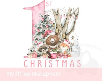 Pink My First Christmas woodland PNG, Happy Christmas woodland animals Sublimation Design, Holiday, My First Christmas, Instant Download