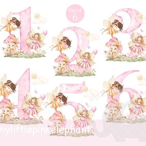 Aquarelle rose fée champignon vénéneux numéros 1-6 PNG, une conception de sublimation de fées, décoration de fête d'anniversaire de fée, fête de fée, téléchargement immédiat