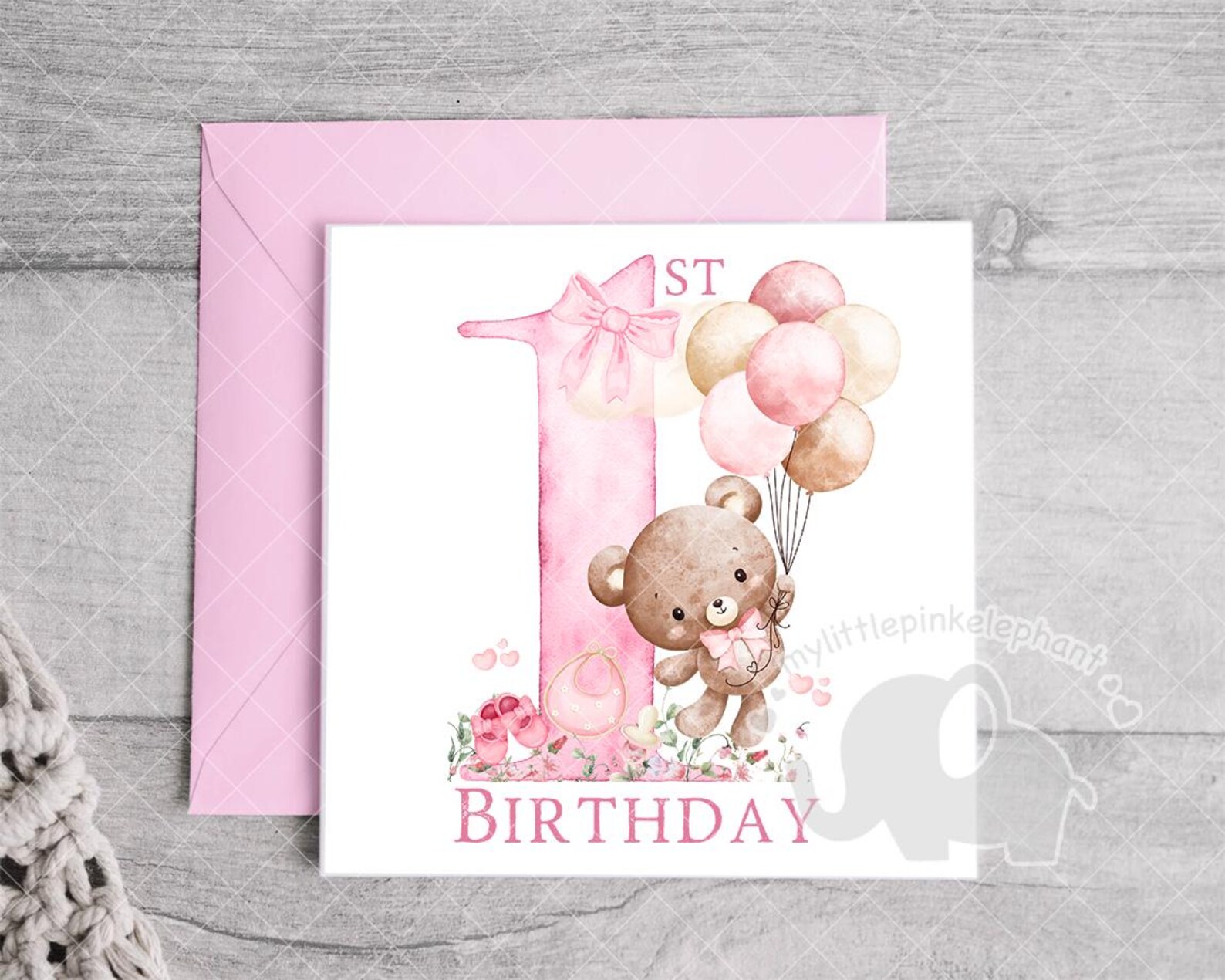 Watercolor Teddy Bear Pink Balloons 1st Birthday PNG, First Birthday ...