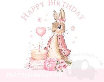 Peter Rabbit Pink Happy Birthday PNG, Happy Birthday Sublimation Design, anniversaire de petite fille, premier anniversaire Flopsy Bunny, téléchargement immédiat