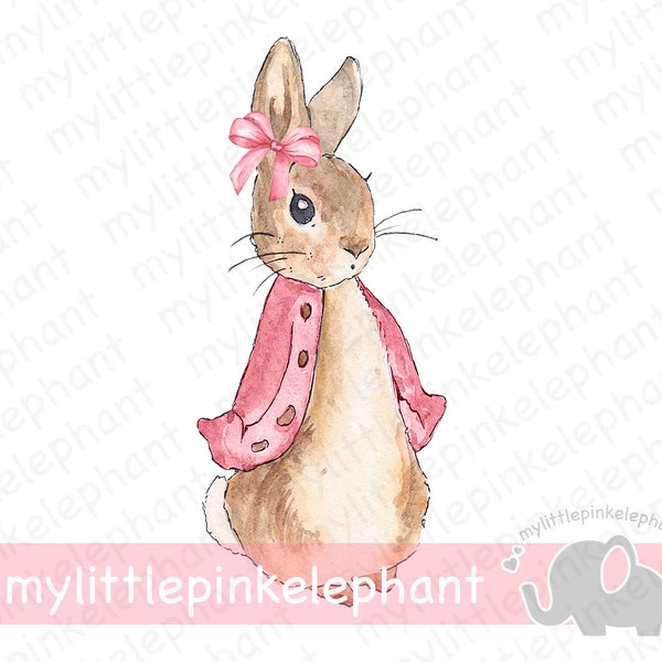 Instant PNG Download, Flopsy Bunny In Pink Jacket With Bow, Clip Art, Nursery PNG, Digital Download