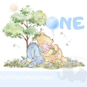 くまのプーさん 1 歳の誕生日 PNG、プーさん誕生日昇華デザイン、ブルー 1 歳の誕生日、プーさん、子豚、イーヨー、インスタント デジタル ダウンロード