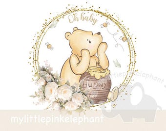 Classic Winnie The Pooh Oh Baby Natural Floral Wreath PNG, Winnie The Pooh Baby Shower Sublimation, Pooh Honey Pot, Instant Digital Download