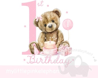 Teddy Bear girl Pink Balloon 1st Birthday PNG, bear 1st Birthday Sublimation Design, Pink Baby Girl First Birthday, Instant Digital Download