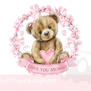 Coroa de flores de cerejeira Dia das Mães Ursinho de pelúcia Design de sublimação, PNG, Design de cartão de dia das mães, Dia das mães rosa, Download digital instantâneo