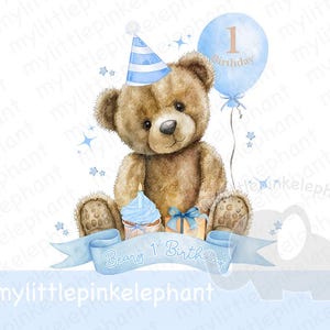 Teddybeer blauwe ballon 1e verjaardag PNG, Beary 1e verjaardag sublimatie ontwerp, blauwe baby jongens eerste verjaardag, instant digitale download