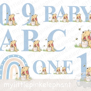 Paquete de Winnie the Pooh (de 1 a 9 años, A-Z), Winnie the Pooh PNG, guardería, cumpleaños, baby shower, azul y beige, clipart de sublimación, UV/DTF