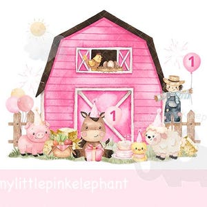 Anniversaire fille rose ferme grange 1er anniversaire fille PNG, sublimation animaux de la ferme premier anniversaire, conception de t-shirt ferme les filles, téléchargement immédiat