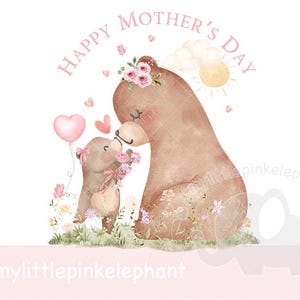Conejito de peluche Nuestro primer diseño de sublimación rosa para el Día de la Madre, mamá y bebé oso, PNG, diseño de tarjeta para el Día de la Madre, mamá osa, descarga instantánea