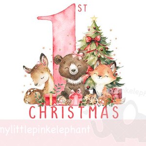 Cerf des bois, renard, ours Joyeux Noël PNG, renne des bois, mon 1er réveillon de Noël, carte de Noël, téléchargement immédiat