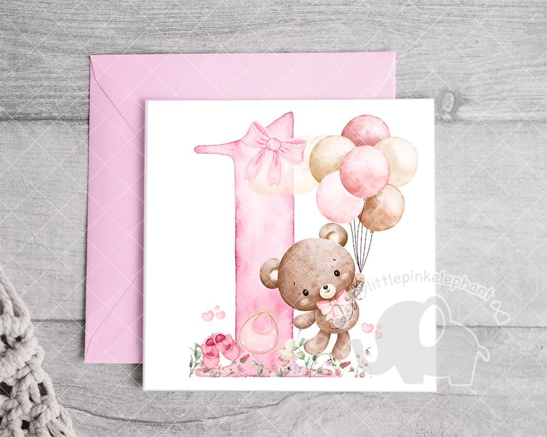 Watercolor Teddy Bear Pink Balloons 1st Birthday PNG, First Birthday ...