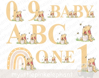 Winnie the Pooh Bundle Ages 1-9 A-Z, Winnie the Pooh PNG, Nursery Birthday Baby Shower Yellow Beige, Sublimation Clipart, UV/DTF