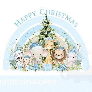 Blue Safari baby animal Christmas Wreath PNG, Baby&#39;s 1st Christmas T shirt Sublimation, Christmas Eve Box, Christmas Sack, Instant Download