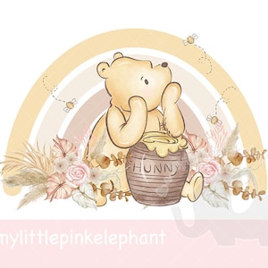 May include: A watercolor illustration of a cute bear holding a honey pot with the word "Hunny" on it. The bear is surrounded by flowers and a rainbow.