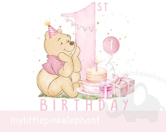 くまのプーさん1歳の誕生日PNG、プーさんの誕生日昇華デザイン、ピンク
