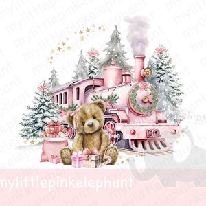 May include: A pink toy train with a teddy bear sitting on the front. The train is surrounded by snow-covered pine trees and decorated with red bows. The train is on a track with a white background.