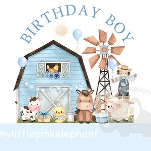 Anniversaire garçon bleu ferme grange anniversaire garçon PNG, conception en sublimation animaux de la ferme, conception de t-shirt ferme pour garçons, téléchargement immédiat