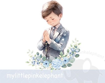 Blå första nattvardskorskalk PNG, pojke 1:a nattvarden sublimeringsdesign, blommigt kors, Bibel, bön, omedelbar digital nedladdning