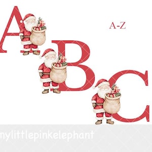 May include: Large red serif letters A, B, and C, each featuring a watercolor illustration of Santa Claus holding a beige sack filled with wrapped gifts. The text A-Z appears in the upper right corner, and the text mylittlepinkelephant is at the bottom.