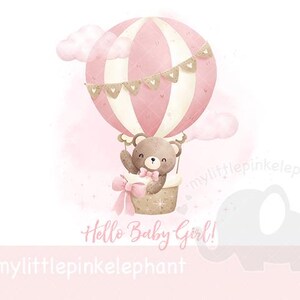 Baby Pink Bear Hot air Balloon PNG, Bear Balloon Sublimation, Pink Shower Design, Pink balloon, bear fly watercolor png, Instant Download