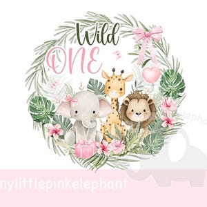 Meninas selvagens um bebê safári animais em coroas de flores PNG, primeiro aniversário sublimação design, 1º aniversário festa, download digital instantâneo