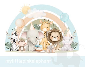 Baby Safari Animals Birthday PNG, Watercolor Baby Animals, Birthday T Shirt Sublimation Design, Wild Animals, Instant Digital Download