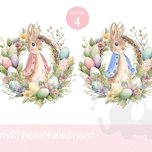 Può includere: Set di quattro illustrazioni ad acquerello con un coniglio che indossa un maglione rosa o blu in una ghirlanda di fiori primaverili e uova di Pasqua. Il testo "Set of 4" è nella parte superiore centrale dell'immagine.