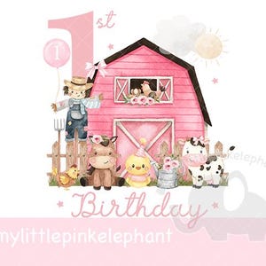 1er anniversaire petite fille rose ferme grange anniversaire fille PNG, conception de sublimation d'animaux de ferme, conception de T shirt de ferme de filles, téléchargement immédiat