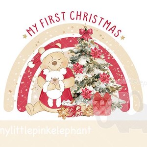 Winnie the Pooh rosso, arcobaleno natalizio in formato PNG, stampa a sublimazione della maglietta del primo Natale del bambino, scatola della vigilia di Natale, sacco di Natale, download istantaneo