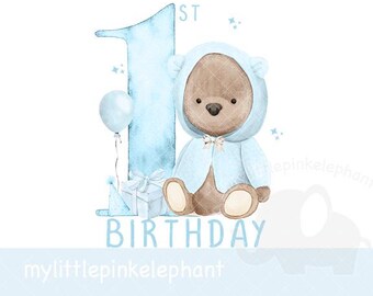 Teddy Bear Blue Balloon 1st Birthday PNG, First Birthday Sublimation ...