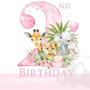 Meisjes wilde twee babysafari dieren in bloem kronen PNG, eerste verjaardag sublimatie ontwerp, 2e verjaardagsfeestje, instant digitale download