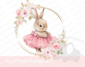 Couronne de fleurs rose Flopsy Bunny PNG, conception de sublimation de lapin rose, nouveau bébé, baby shower, 1er anniversaire de lapin, téléchargement immédiat