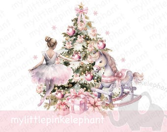 Rosa Weihnachtsballerina, Schaukelpferd & Baum PNG, Weihnachtsbaum Sublimationsdesign, Weihnachtskartendesign, sofortiger digitaler Download