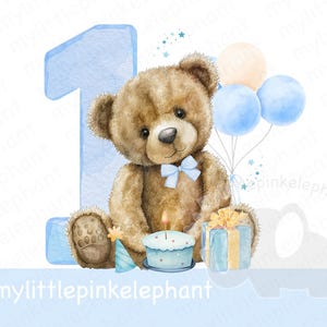 Teddy Bear Blue Balloons 1st Birthday PNG, First Birthday Sublimation Design, Blue One, Baby boys First Birthday, Instant Digital Download