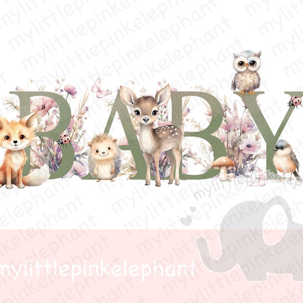 Baby Woodland Animals PNG, Forest Animals Sublimation Design, Woodland Baby Shower Design, Woodland Wildflowers, Instant Digital Download