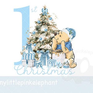 Blue Classic Winnie The Pooh 1st Christmas PNG, Baby&#39;s 1st Christmas T shirt Sublimation, My First Christmas, Holidays, Instant Digital
