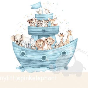 Arca de Noé azul y animales PNG, diseño de sublimación del Arca de Noé, diseño de tarjeta con amor en el día de tu bautismo, Arca de animales, descarga instantánea