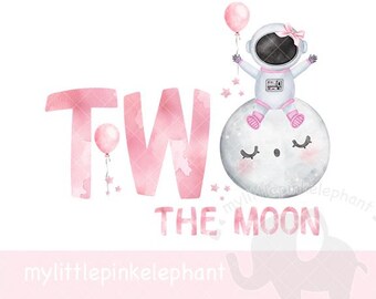 Two The Moon PNG, Pink Moon Design, Girls 2nd Birthday Sublimation Design, Pink Rocket, To The Moon & Back, Instant Digital Download