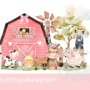 Grange de ferme rose foncé PNG, conception de sublimation d'animaux de ferme girly, conception de T Shirt de ferme, conception de carte d'anniversaire de fille, vache, téléchargement immédiat